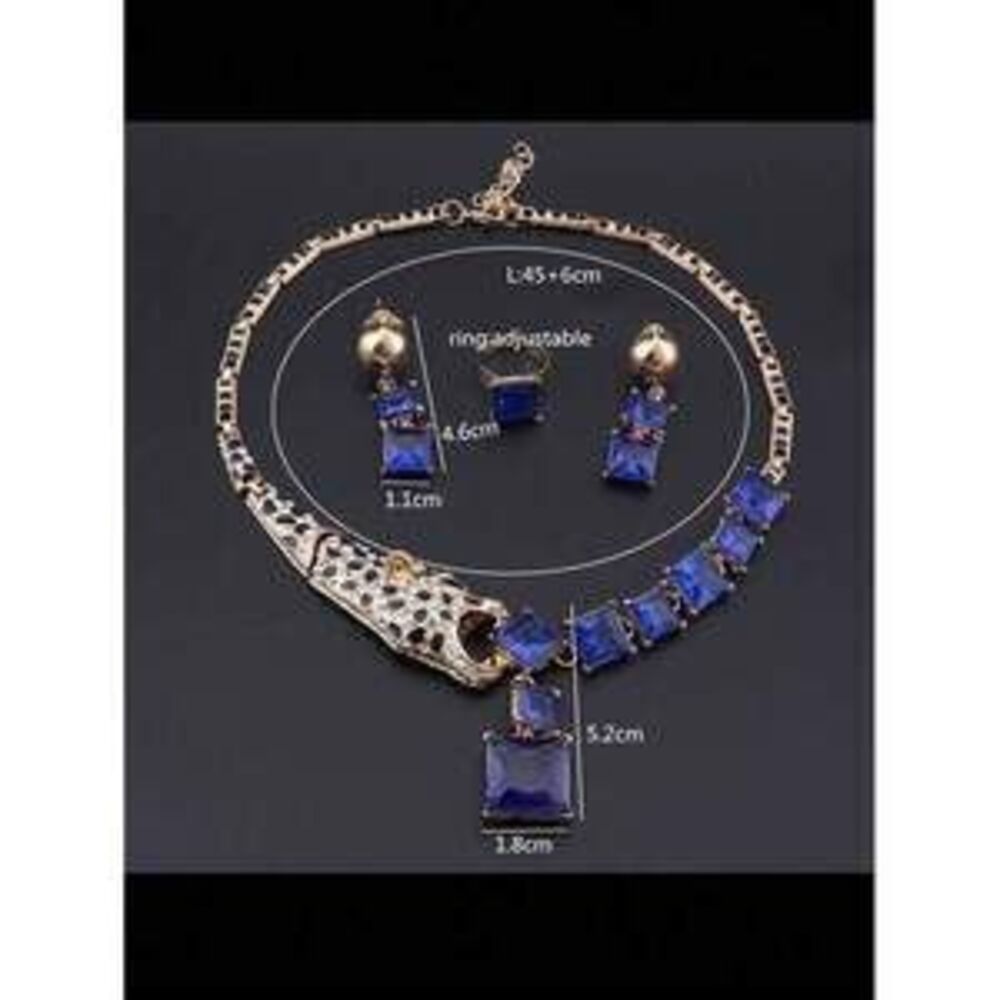 1set Blue Crystal Leopard Necklace Earrings And Ring S Gift Dainty - Picture 2 of 7